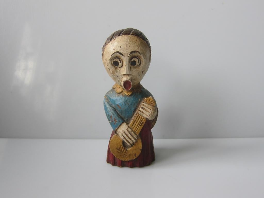 Vintage handgesneden houten engel met luit, jaren 60-70, Antiek en Kunst, Ophalen of Verzenden