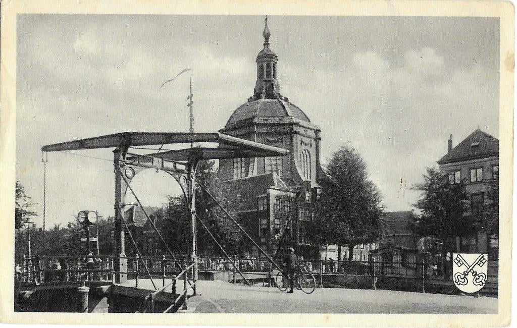 Leiden, Marekerk, brug, fietser, stadswapen, Verzenden, 1940 tot 1960, Gelopen, Zuid-Holland