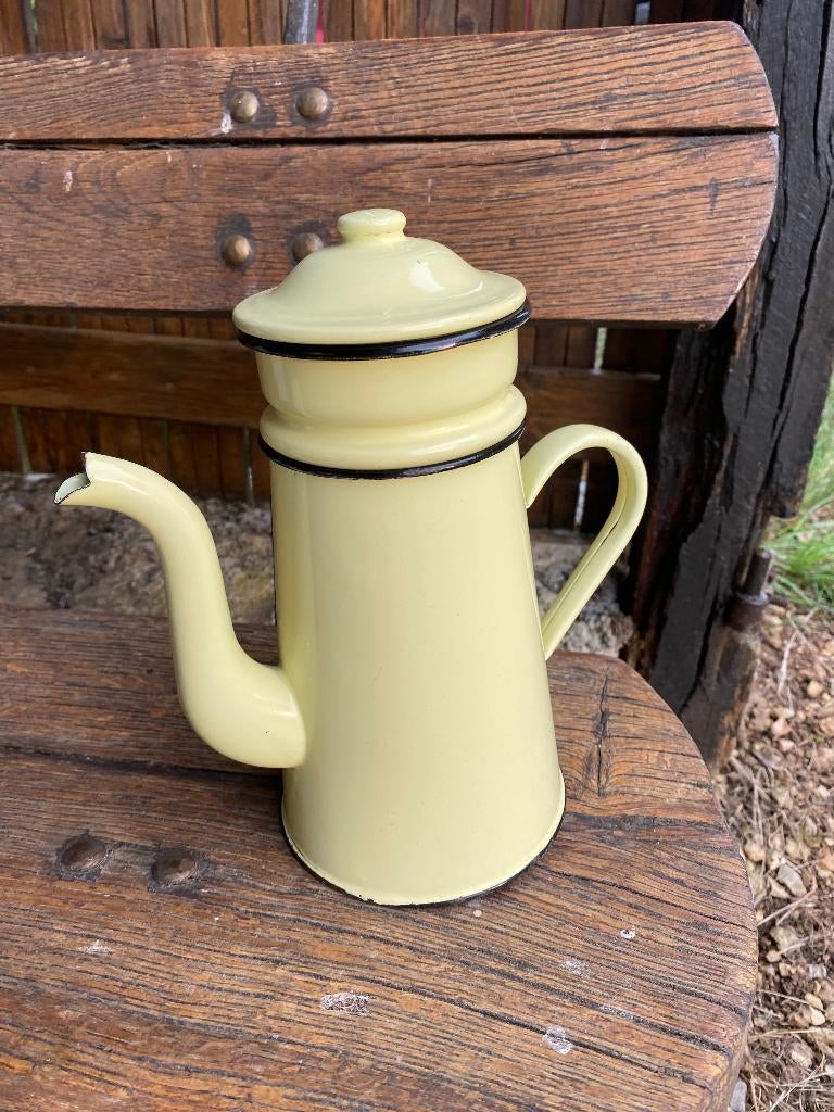 Brocante, emaille koffiekan/koffiepot met filter - geel, Ophalen of Verzenden