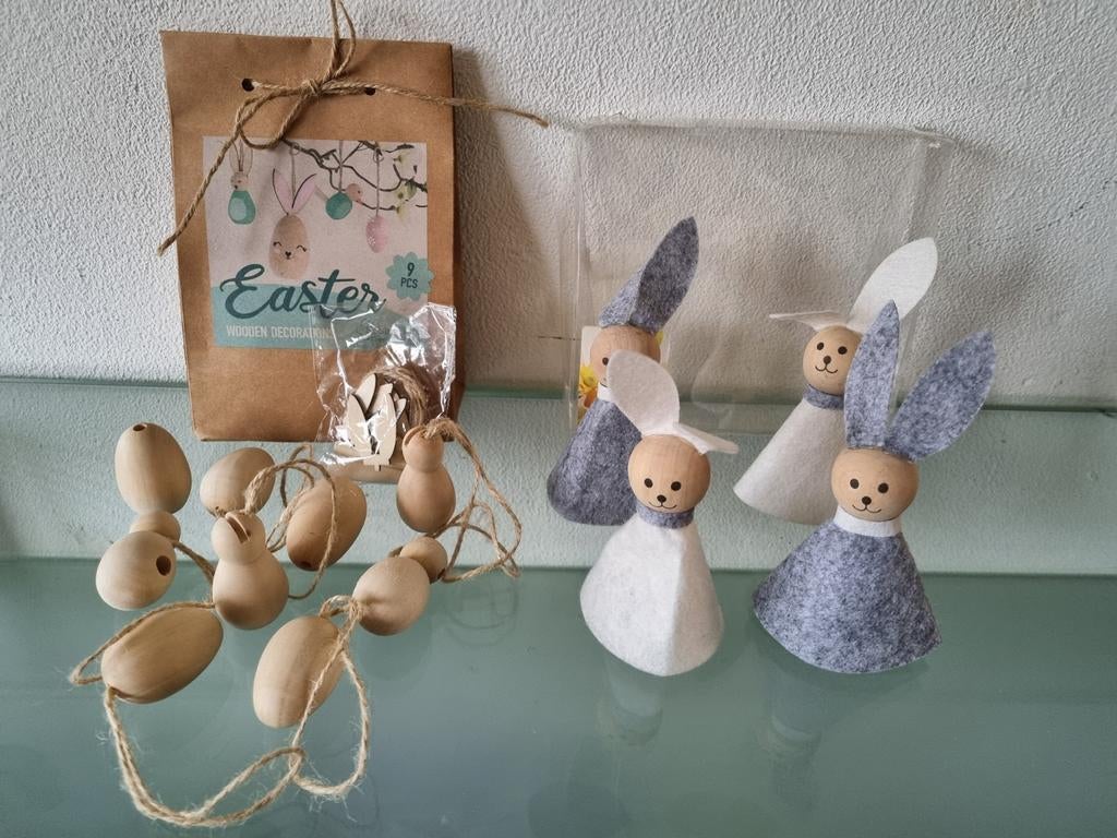 Paas Set, 6xHOUT PAASHANGERS+4xHOUT VILT EIERWARMERS,Nieuw!, Diversen, Pasen, Nieuw, Ophalen of Verzenden