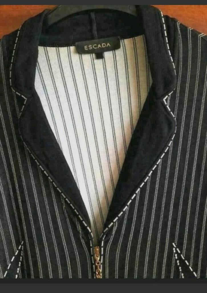 Zwarte krijtstreep rayon Escada vest jasje met ritsjes 44, Verzenden, Zwart, Maat 42/44 (L), Escada