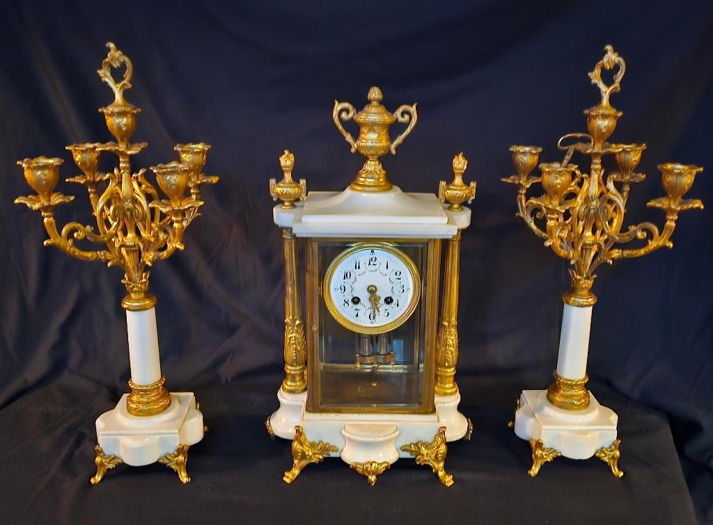 glas pendule klokstel antiek schouwgarnituur, Ophalen