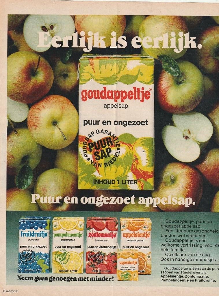 Retro reclame 1978 Riedel Goudappeltje frisdrank eerlijk, Verzamelen, Retro, Verzenden, Overige typen