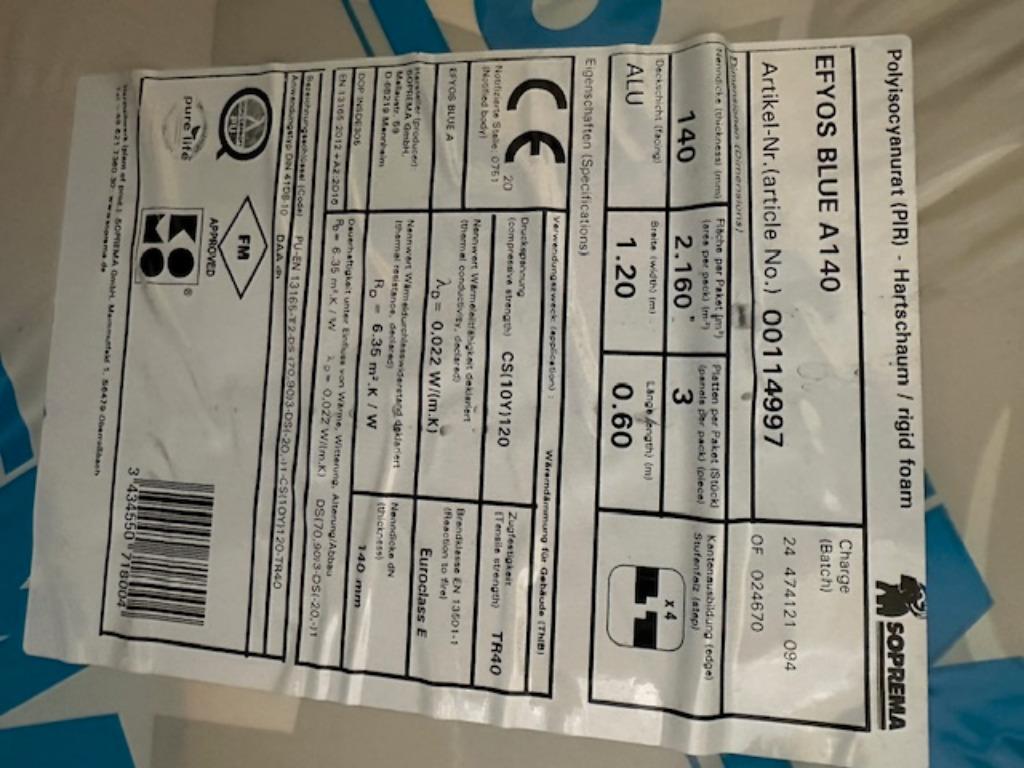 PIR 140mm ACTIE!!!! OP IS OP!!!!, Doe-het-zelf en Verbouw, Isolatie en Afdichting, Ophalen, Dakisolatie, 12 cm of meer, Nieuw