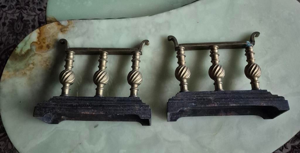 Antieke Victoriaanse openhaard bokken, messing en gietijzer, Huis en Inrichting, Haarden, Houthaard, Ophalen of Verzenden