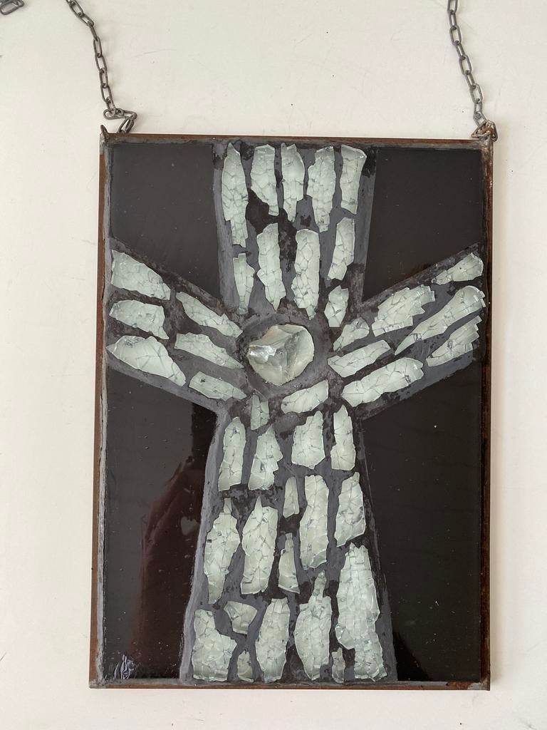 Brutalist glas in lood paneel met kristal