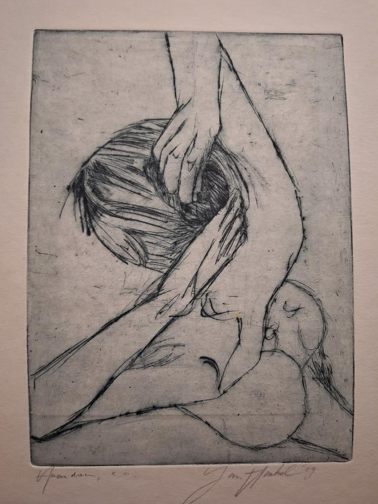 Ets van vrouw die haar opmaakt + etsplaat, Antiek en Kunst, Ophalen of Verzenden