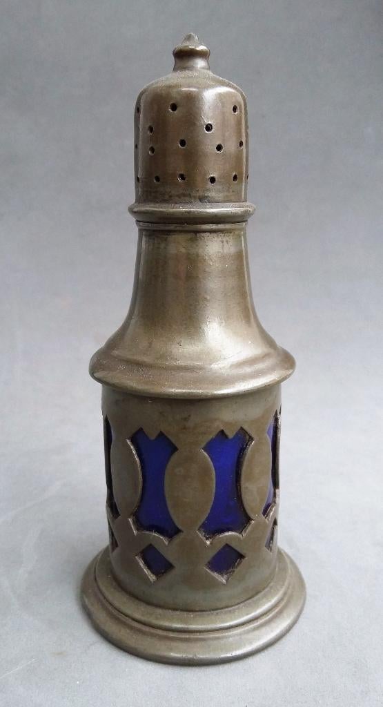 Om1850-1875 Tin Zoutstrooier Strooier Binnenzijde BLAUW GLAS, Antiek en Kunst, Ophalen of Verzenden