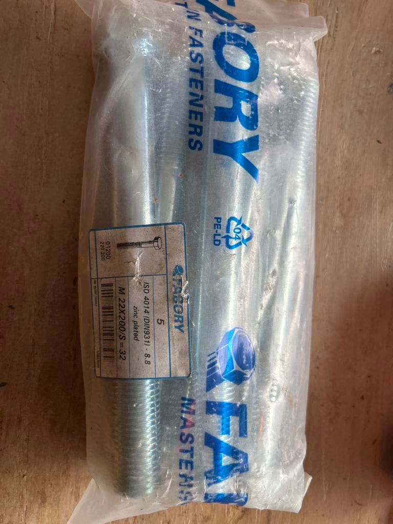 Zeskantkop M22 x 200mm Fabory Bout, Doe-het-zelf en Verbouw, Ophalen of Verzenden, Nieuw, 100 tot 250 mm, Bouten of Moeren