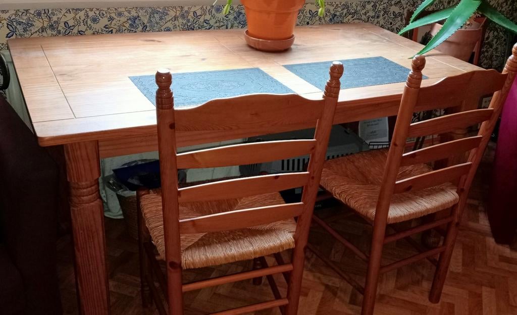Mexicaans grenen eetkamer tafel en 4 stoelen, Huis en Inrichting, Tafels | Eettafels, Gebruikt, 200 cm of meer, Rechthoekig, 50 tot 100 cm