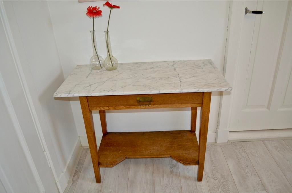 Antieke bijzettafel met marmeren blad, Huis en Inrichting, Tafelonderdelen, Gebruikt, Tafelblad, Minder dan 50 cm, Rechthoekig