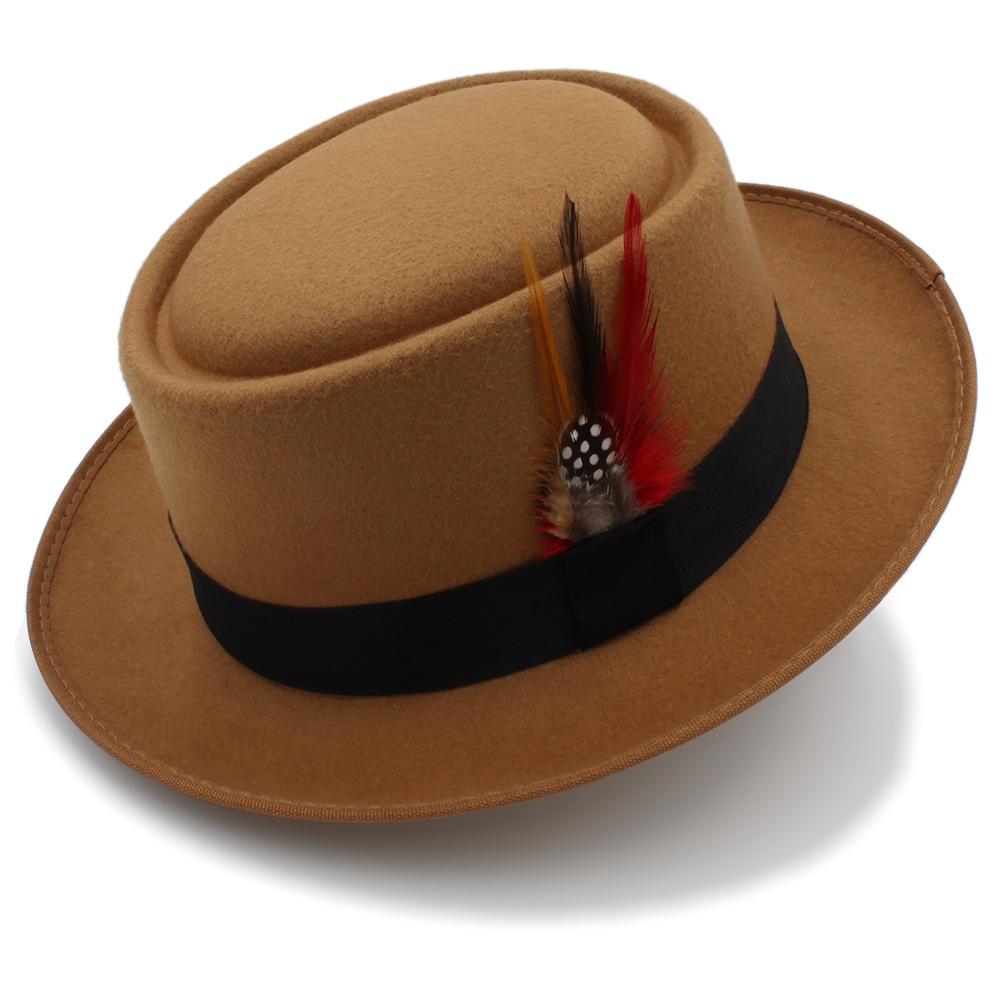 Beige pork pie hoed met veer / heren dames wollen fedora, Verzenden, Nieuw, Hoed