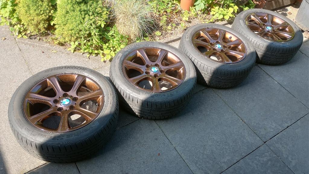 Bronzen BMW 394 velgen met banden 3-serie F30 F31 Zomerset, Auto-onderdelen, Ophalen, Gebruikt, Banden en Velgen, 17 inch