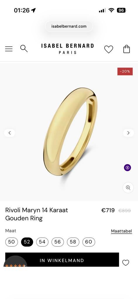 Isabel Bernard Paris Gouden Ring - Rivoli Maryn 14 Karaat, Ophalen, Zo goed als nieuw, 17 tot 18, Dame