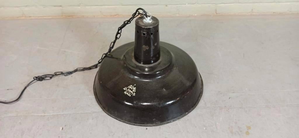 Vintage industriële emaille hanglamp, zwart, Tweedehands, Tweedehands, Ophalen of Verzenden, Metaal