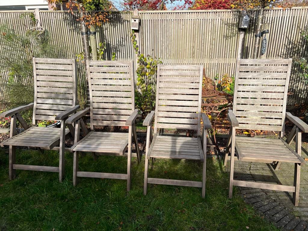 4 teakhouten verstelbare tuinstoelen, Tuin en Terras, Ophalen, Gebruikt, Teakhout, Verstelbaar