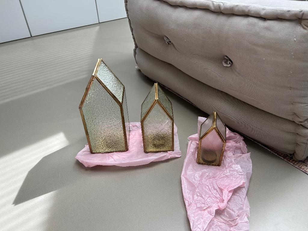 Faas huisjes goud waxinelicht nieuw, Overige materialen, Overige kleuren, 25 tot 50 cm, Nieuw