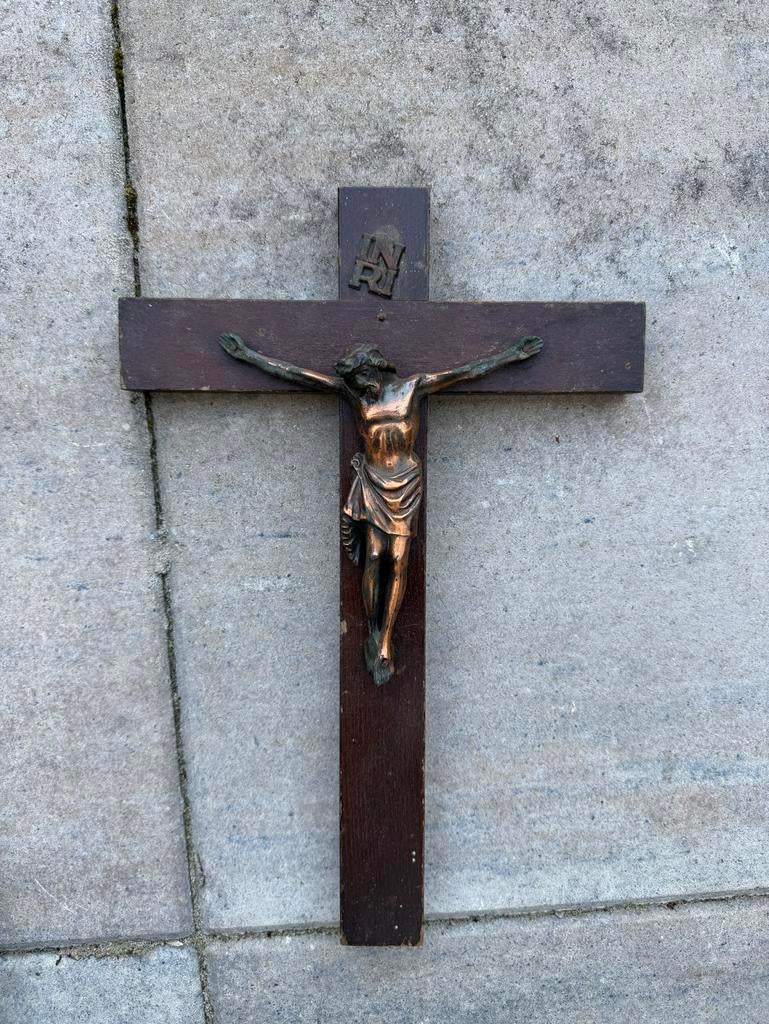 Vintage Houten Kruis met Jezusbeeldje - Religieuze Kunst, Ophalen