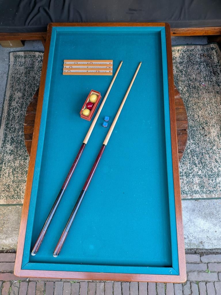 Leistenen tafel biljart met 2 keus en ballen, Ophalen, Gebruikt, Biljarttafel