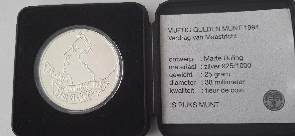 50 gld munt Verdrag van Maastricht, Verzenden, Koningin Beatrix, 50 gulden, Zilver