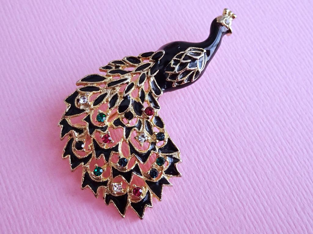 jwg Vintage 70s pauw vogel broche emaille zwart goud strass, Verzenden, Overige materialen, Broche