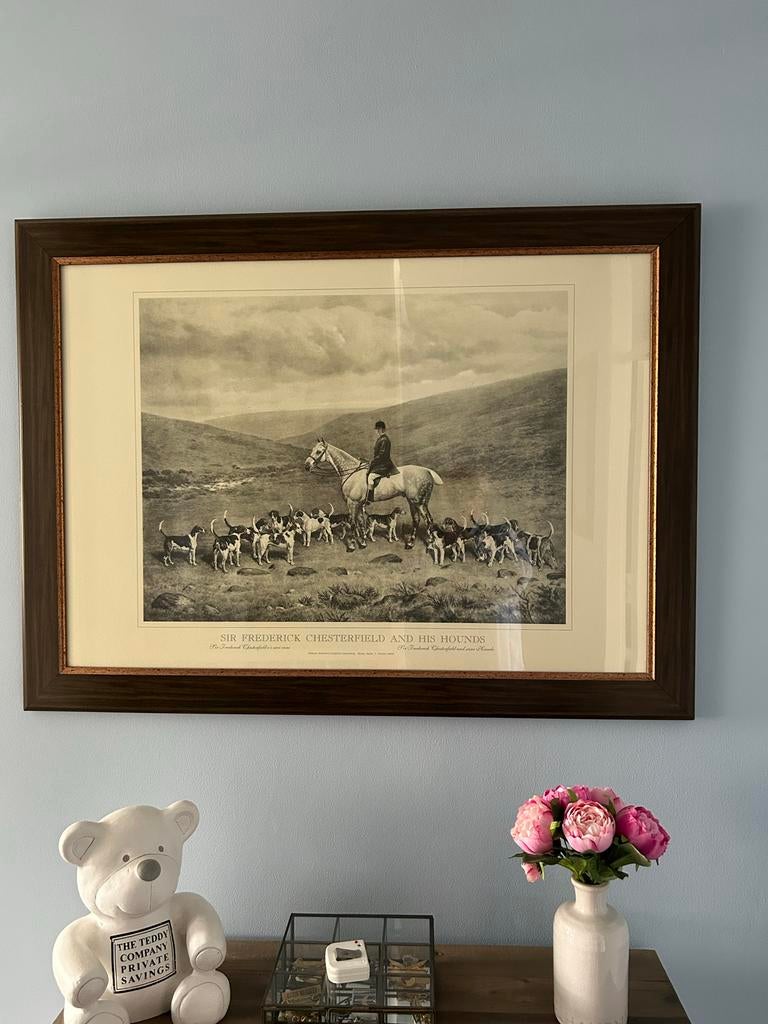 Mooi jacht tafereel in bruine lijst, Ophalen