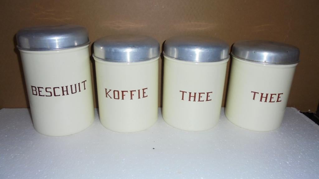 creme emaille beschuit koffie thee en theebussen, Antiek en Kunst, Antiek | Emaille, Ophalen of Verzenden