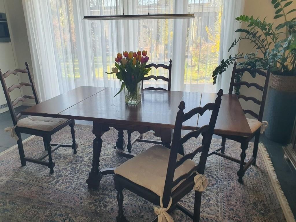 Eetkamerset ingelegd mahoni klassiek, tafel inschuifbaar, Ophalen, Gebruikt, 100 tot 150 cm, Klassiek