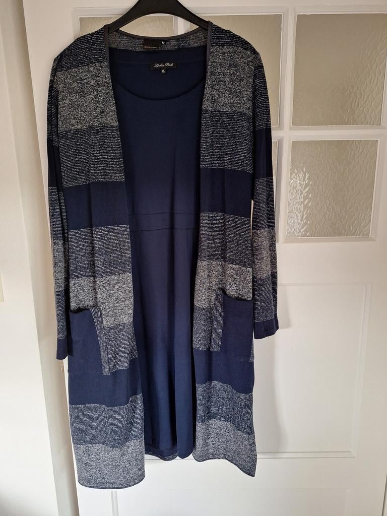 Donkerblauwe jurk korte mouw met vest Sophia Perla XL, Blauw, Maat 46/48 (XL) of groter, Ophalen of Verzenden, Zo goed als nieuw