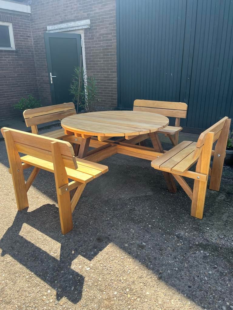 Ronde hardhouten picknicktafel voor 8 personen, Tuin en Terras, Picknicktafels, Ophalen, Nieuw, Rond, Hout