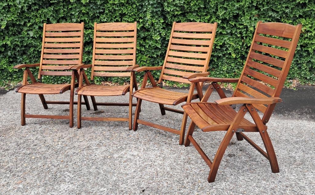 4 Royal Botania teakhouten standenstoelen, inklapbaar, Tuin en Terras, Ophalen, Gebruikt, Teakhout, Verstelbaar