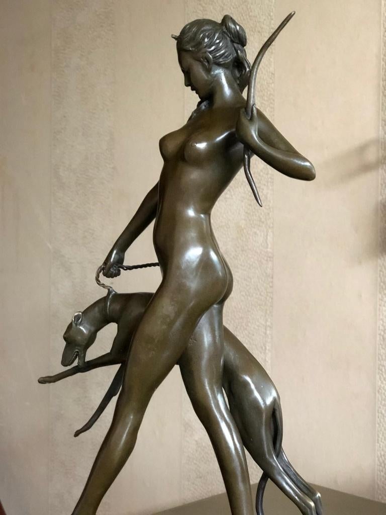 bronzen Diana godin v jacht met hond windhond, Ophalen of Verzenden