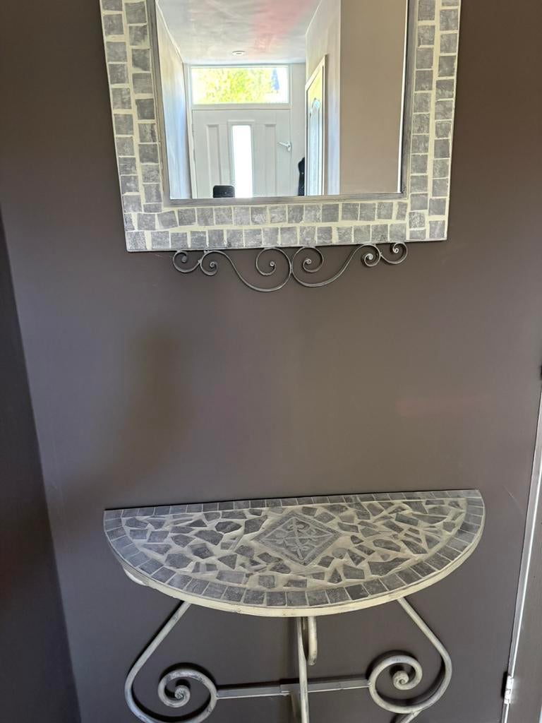 Brocante spiegel en bijzettafel :  Mozaiek, Antiek en Kunst, Ophalen, Rechthoekig, 50 tot 100 cm