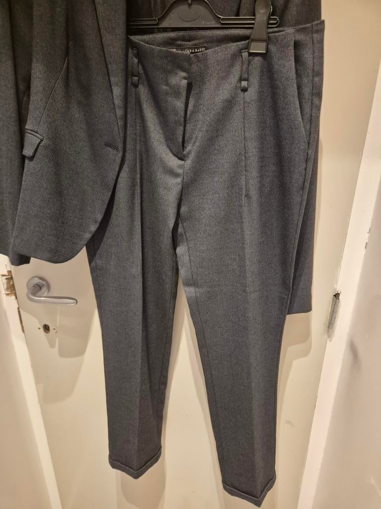 Zara Donkerblauw katoenen kostuum - Blazer XL, Broek L, Kleding | Dames, Jasjes, Kostuums en Pakken, Zo goed als nieuw, Kostuum of Pak