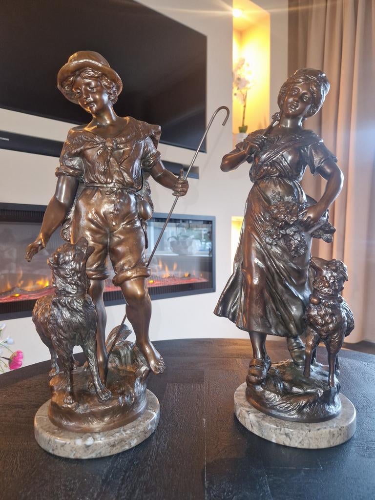 Antieke Herder en Herderin L & F Moreau, Antiek en Kunst, Kunst | Beelden en Houtsnijwerken, Ophalen