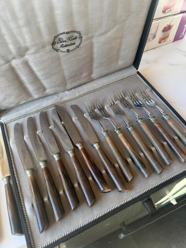 Antiek verzilverd dessert-/visbestek, Ophalen of Verzenden