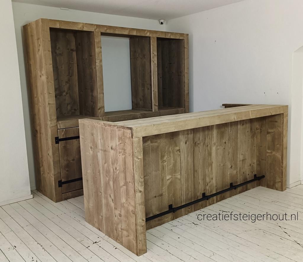 Steigerhouten bar met achterwand kast overkapping koelkast, Huis en Inrichting, Barren, Ophalen of Verzenden, Nieuw