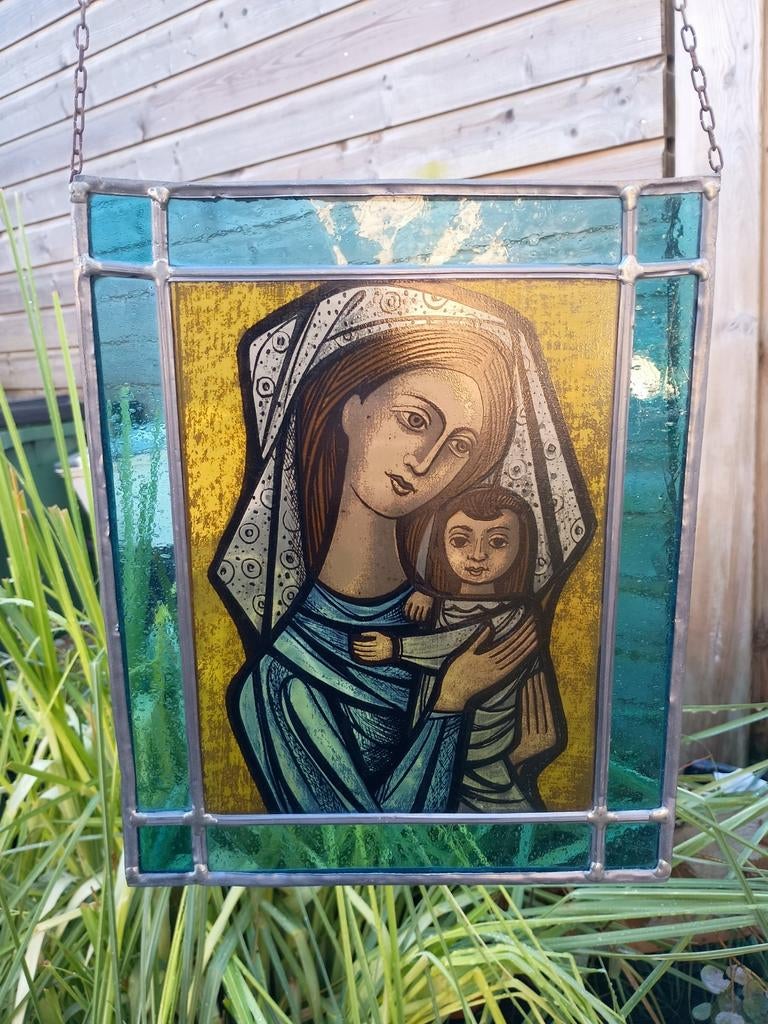 Antiek Glas in Lood Raam - Madonna met Kind 20e eeuws, Doe-het-zelf en Verbouw, Glas en Ramen, Minder dan 80 cm, Minder dan 80 cm
