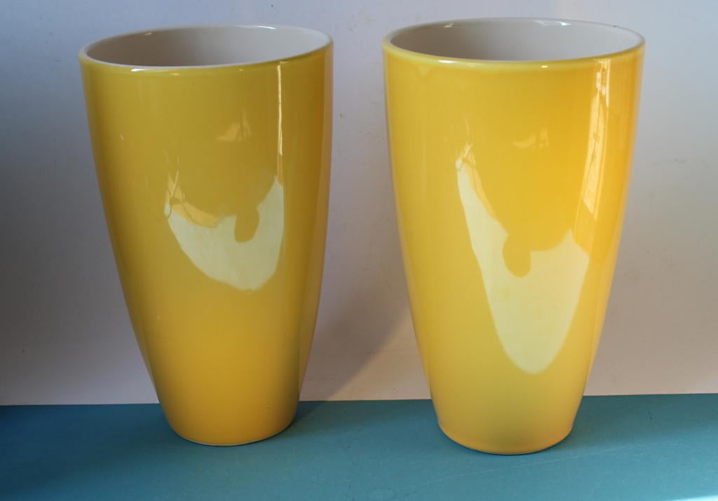 Gele vaas siervaas bloemenvaas aardewerk 25 cm, Geel, Aardewerk of Porselein, Ophalen of Verzenden, Zo goed als nieuw