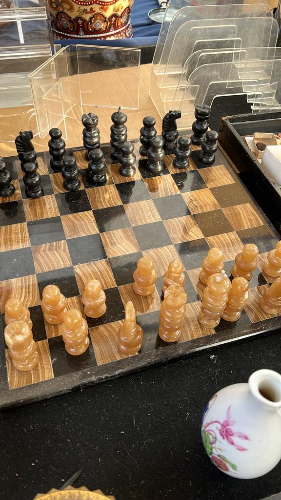 Vintage schaakspel van onyx met unieke stukken, Ophalen of Verzenden