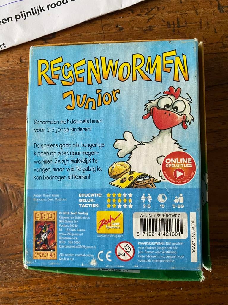 Regenwormen junior, Hobby en Vrije tijd, Gezelschapsspellen | Kaartspellen, Ophalen of Verzenden, Zo goed als nieuw