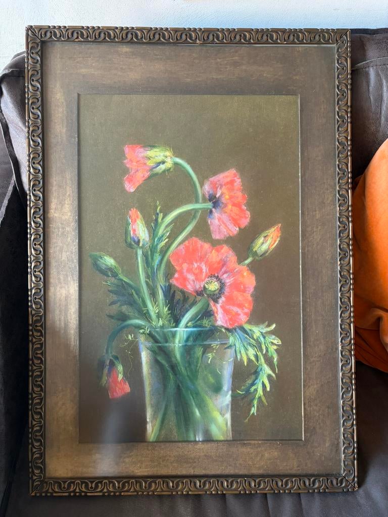Pasteltekening Papavers in glazen vaas gesigneerd Cyr. Bleys, Ophalen