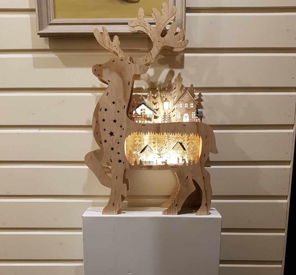 Rendier Kersthuis Hout Hoogte 67 cm 10 LEDLAMPJES - Warm Wit, Diversen, Kerst, Ophalen, Nieuw