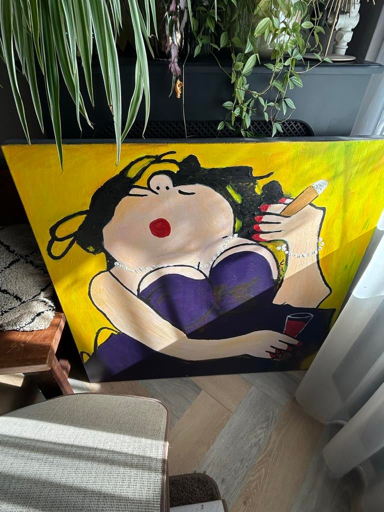 Olieverfschilderij 'Dikke Dame met Sigaar' - 100x100 cm, Antiek en Kunst, Kunst | Schilderijen | Modern, Ophalen