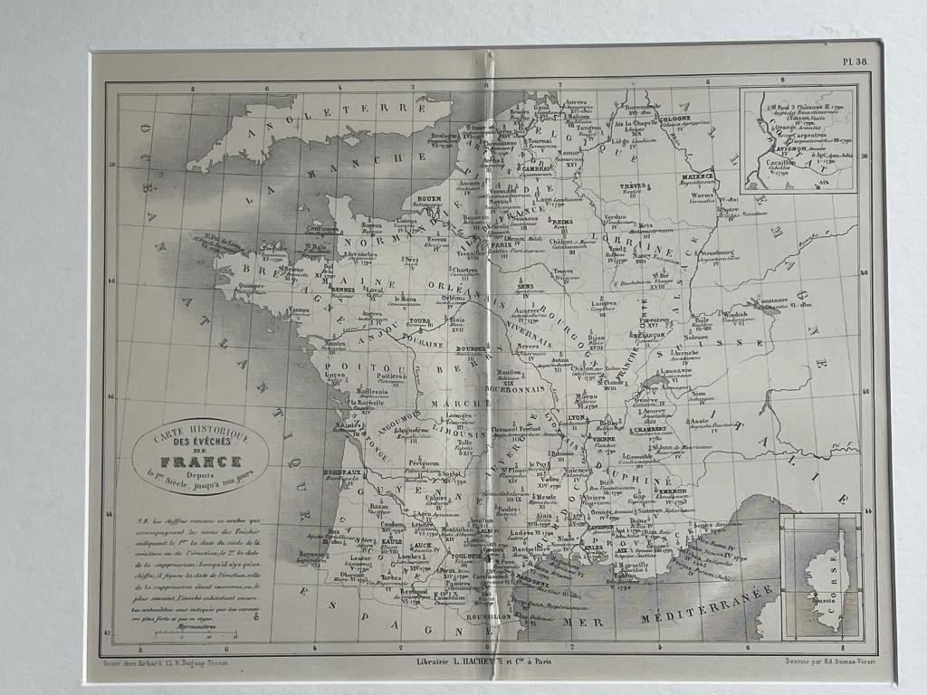 1865 Landkaart Frankrijk / Eveche - in mooie lijst P0625-005, Ophalen of Verzenden, Cartografie, Gravure, 1800 - 1899