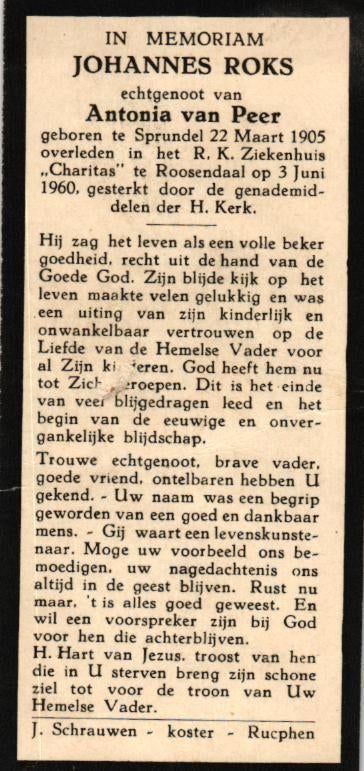 Roks Johannes Sprundel 1905-1960 Roosendaal, Verzamelen, Bidprentjes en Rouwkaarten, Ophalen of Verzenden