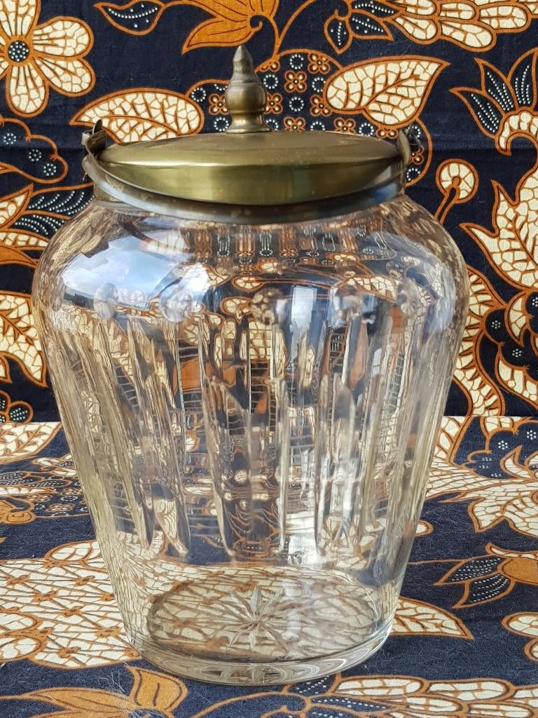Mooie oude Engelse koekjespot van glas en koper 19 cm., Antiek en Kunst, Ophalen of Verzenden