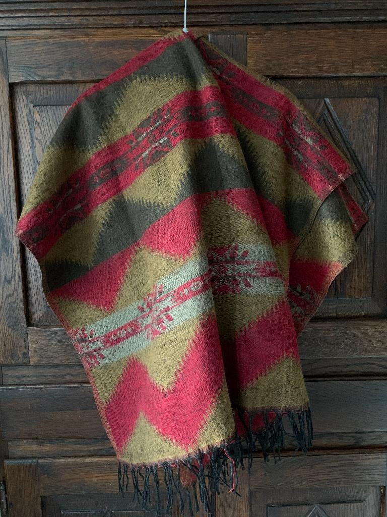 Warme wollige rood-bruin(2x)-beige sjaal, shawl, das; 202*90, Ophalen of Verzenden, Zo goed als nieuw, Maat 46/48 (XL) of groter