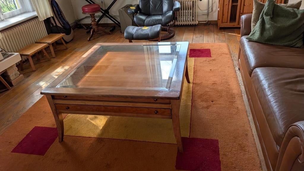 Grote viekanten kersenhout salontafel met presentatie lade, Ophalen, 100 tot 150 cm, 50 tot 100 cm, Kersenhout