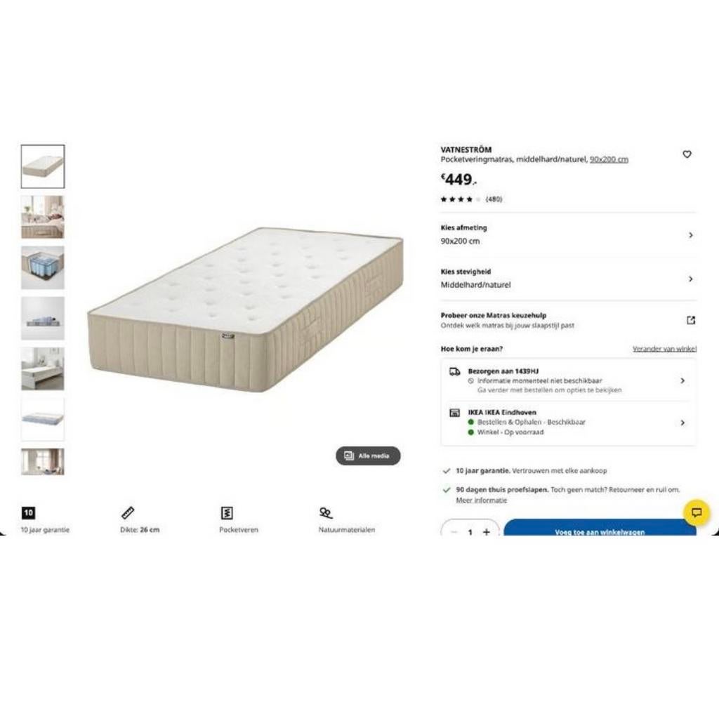 Ikea VATNESTRÖM matras 90x200 cm, Ophalen, 90 cm, Eenpersoons, Zo goed als nieuw